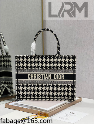 Dior Medium Book Tote Bag in Black and White Houndstooth Embroidery 2021