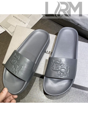 Balenciaga Leather Ox Flat Slide Sandals Grey 2021 (For Women and Men)