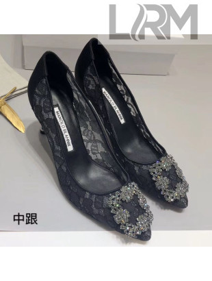 Manolo Blahnik Silk and Lace Mid-Heel Pumps with Crystal Flower Buckle Black