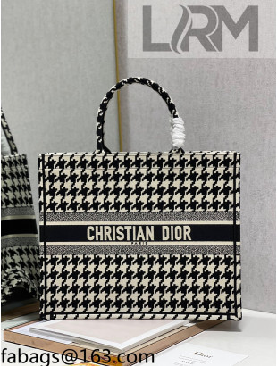 Dior Large Book Tote Bag in Black and White Houndstooth Embroidery 2021