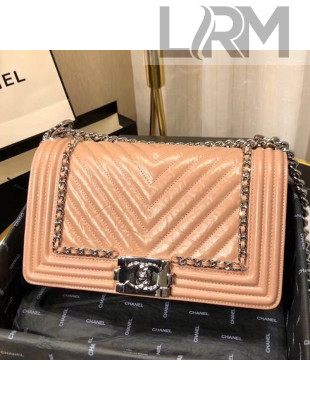 Chanel Medium Crinkled Calfskin Chain Trim Chevron Classic Boy Flap Bag Orange Pink 2019