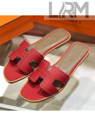 Hermes Santorini Epsom Calfskin Cut-out Classic H Flat Slide Sandals Red 2021 09