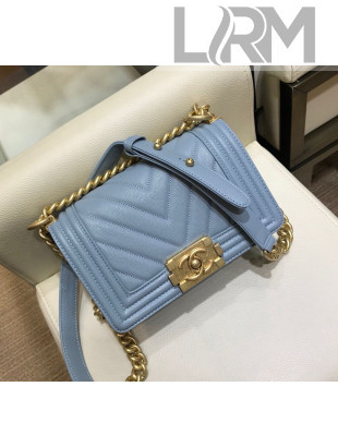 Chanel Chevron Grained Calfskin Small Boy Flap Bag A67085 Light Blue/Gold 2019