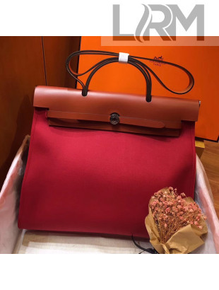 Hermes Original Leather And Canvas Large Herbag Handbag 39cm Red/Coffee 2019
