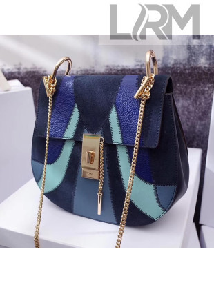 Chloe Drew Shoulder Bag in Small Grain Lambskin With Smooth & Suede Calfskin Patchwork Blue 2017