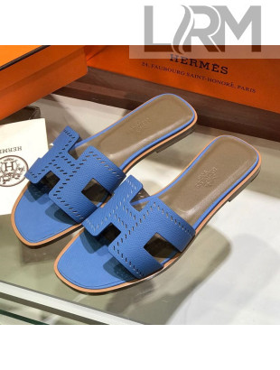 Hermes Santorini Epsom Calfskin Cut-out Classic H Flat Slide Sandals Blue 2021 17