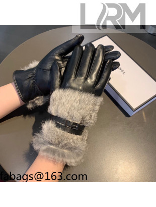 Chanel Lambskin and Rubbit Fur Gloves with Buckle Black 2021 10