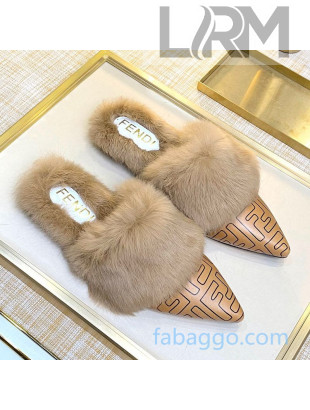 Fendi FF Calfskin Fur Flat Slippers Mules Brown 2020