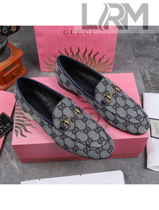 Gucci Jordaan Horsebit GG Canvas Flat Loafers Grey/Navy Blue 2020