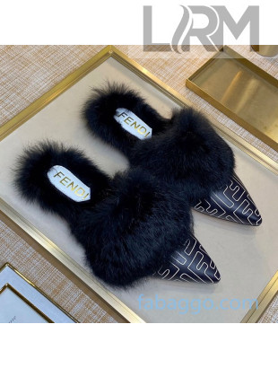 Fendi FF Calfskin Fur Flat Slippers Mules Black 2020