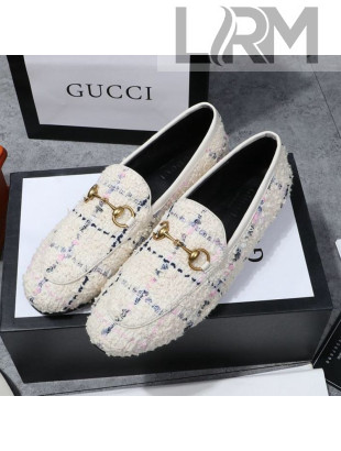 Gucci Jordaan Horsebit Tweed Flat Loafers White 2020