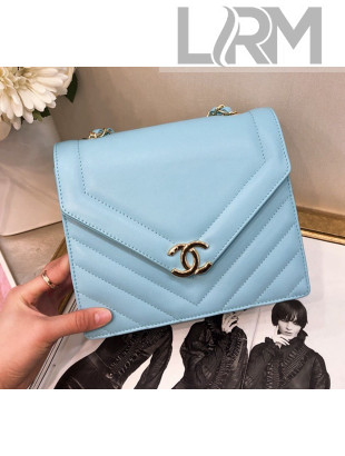 Chanel Chevron Calfskin Chain Flap Bag AS0025 Light Blue 2019