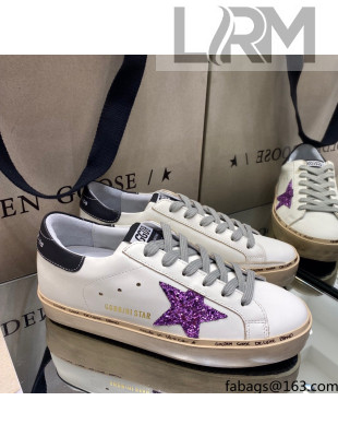Golden Goose Hi Star Sneakers in White Leather with Purple Glitter Star 2021