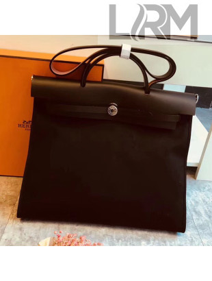 Hermes Original Leather And Canvas Large Herbag Handbag 39cm Black/Deep Coffee 2019