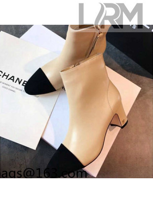 Chanel Calfskin & Grosgrain CC Heeled Ankle Boots 7cm Apricot 2021