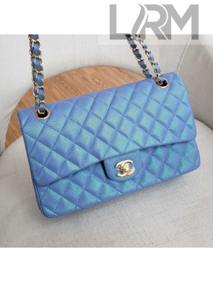 Chanel Medium Iridescent Quilted Grained Leather Classic Flap Bag Blue 2019