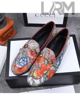 Gucci Jordaan Horsebit Flower Print Canvas Flat Loafers 2020