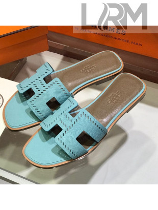 Hermes Santorini Epsom Calfskin Cut-out Classic H Flat Slide Sandals Blue 2021 24
