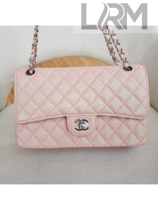Chanel Medium Iridescent Quilted Grained Leather Classic Flap Bag Pale Pink 2019