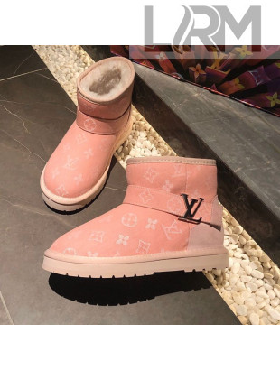 Louis Vuitton Monogram Denim Wool Short Boots with LV Strap Pink 2020