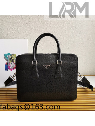Prada Men's Ostrich Embossed Leather Business Briefcase Bag 2VE366 Black 2021