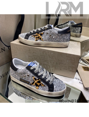 Golden Goose Super-Star Sneakers in Silver Glitter and Black Leather With Leopard Print Star 2021