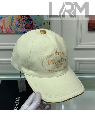 Prada Canvas Baseball Hat with Gold Logo Embroidery White 2020