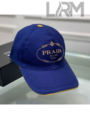 Prada Canvas Baseball Hat with Gold Logo Embroidery Navy Blue 2020