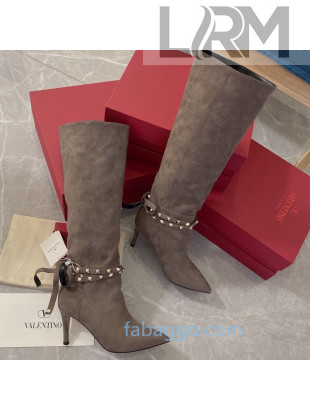 Valentino Rockstud Flair Suede Heel High Boots with Ties 80mm Grey 2020