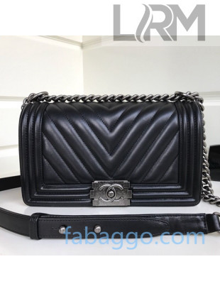 Chanel Chevron Lambskin Medium Classic Boy Flap Bag A67086 Black/Aged Silver 2020