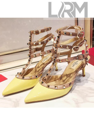 Valentino Patent Calfskin Rockstud Ankle Strap With 6.5cm Heel Yellow