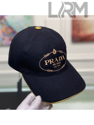 Prada Canvas Baseball Hat with Gold Logo Embroidery Black 2020
