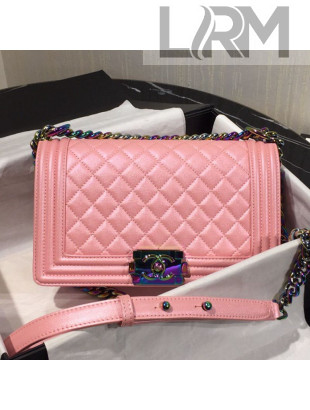 Chanel Rainbow Colored Hardware Quilted Grained Calfskin Medium Classic Boy Flap Bag Pink 2019