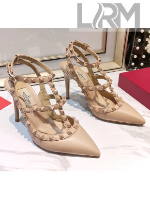 Valentino Smooth Leather Rockstud Ankle Strap With 9.5cm Heel All Nude