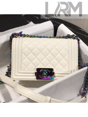 Chanel Rainbow Colored Hardware Quilted Grained Calfskin Small Classic Boy Flap Bag White 2019