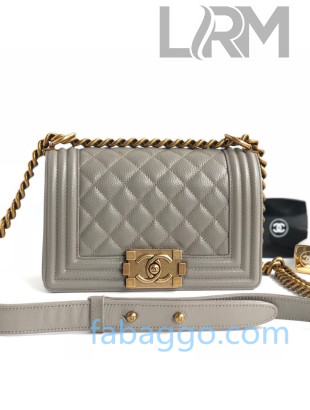 Chanel Quilted Grained Leather Small Classic Boy Flap Bag A67085 Grey/Aged Gold 2020