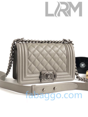 Chanel Quilted Grained Leather Small Classic Boy Flap Bag A67085 Grey/Aged Silver 2020