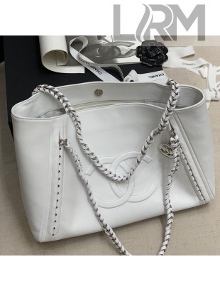 Chanel Soft Calfskin Shopping Bag with Braided Top Handle White/Silver 2021