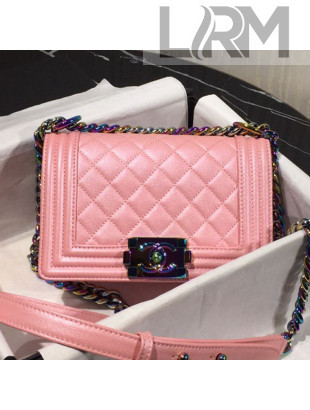 Chanel Rainbow Colored Hardware Quilted Grained Calfskin Small Classic Boy Flap Bag Pink 2019