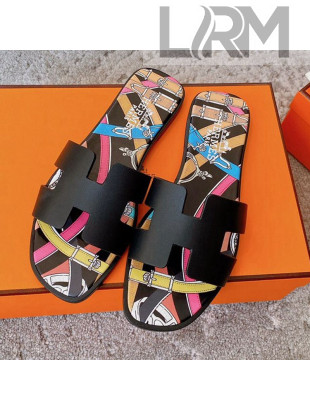Hermes Oran Swift Calfskin Print Insole Classic H Flat Slide Sandals Black 2021