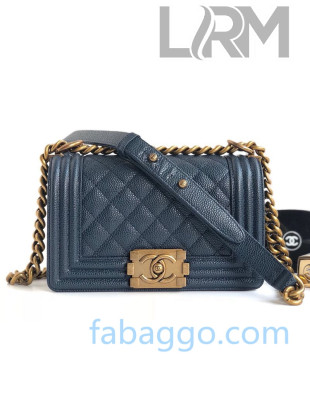 Chanel Quilted Grained Leather Small Classic Boy Flap Bag A67085 Blue/Aged Gold 2020