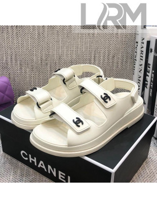 Chanel Leather Strap Flat Sandals with Black CC Charm G35927 White 2021