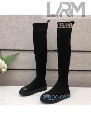 Chanel Knit Sock Over-Knee Flat High Boots Black/White 2020