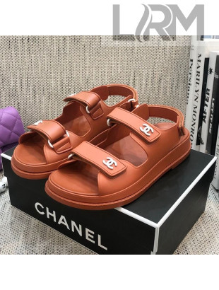 Chanel Leather Strap Flat Sandals with White CC Charm G35927 Brown 2021