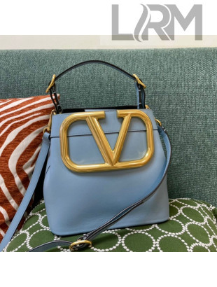 Valentino Supervee Calfskin Bucket Bag with Maxi VLogo Blue 2021 1122