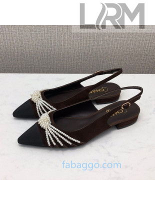 Chanel Suede Pearl Knot Flat Slingbacks G36467 Brown 2020