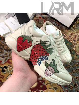 Gucci Rhyton Strawberry Print Leather Sneakers 523609 White 2019(For Women and Men)