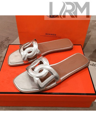 Hermes Aloha Calfskin Fringe Flat Slide Sandal Silver 2020