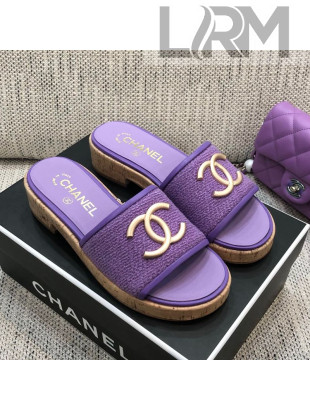 Chanel Metal CC Tweed Slide Sandals G34826 Purple 2021