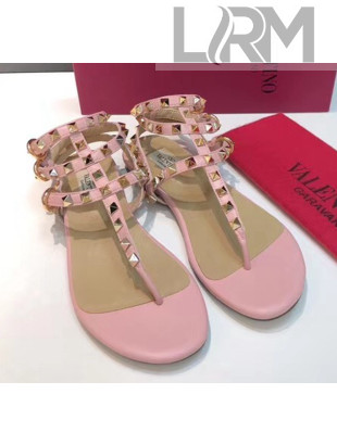 Valentino Rockstud Flat Thong Sandal in Pink Leather 2020